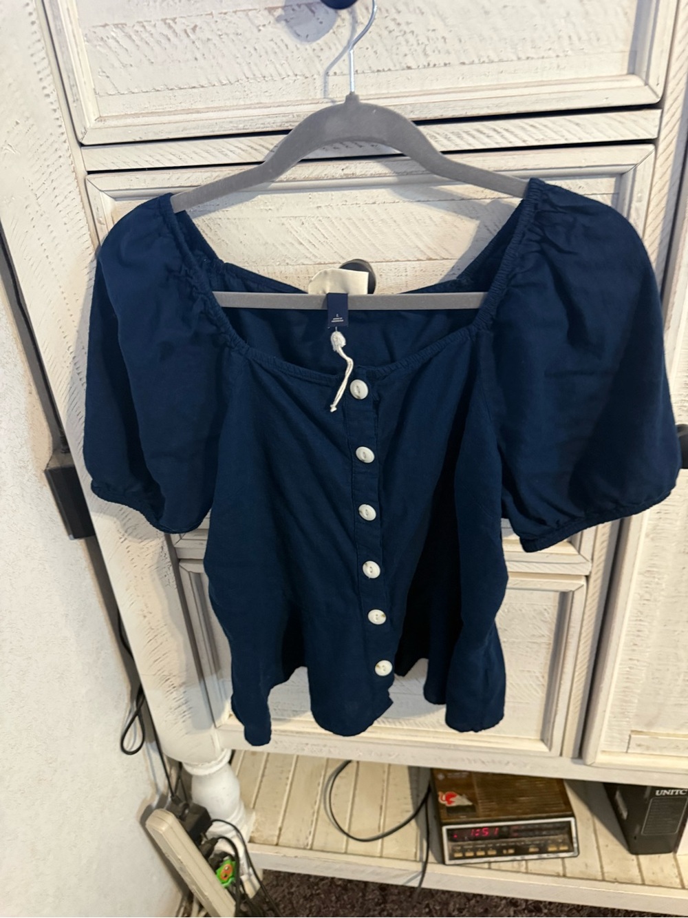Universal Thread Navy Button-Front Puff Sleeve Blouse